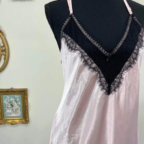 Vintage Pink Satin and Black Lace Lingerie Slip Dress by Linea Donatella size L - Picture 2 of 6